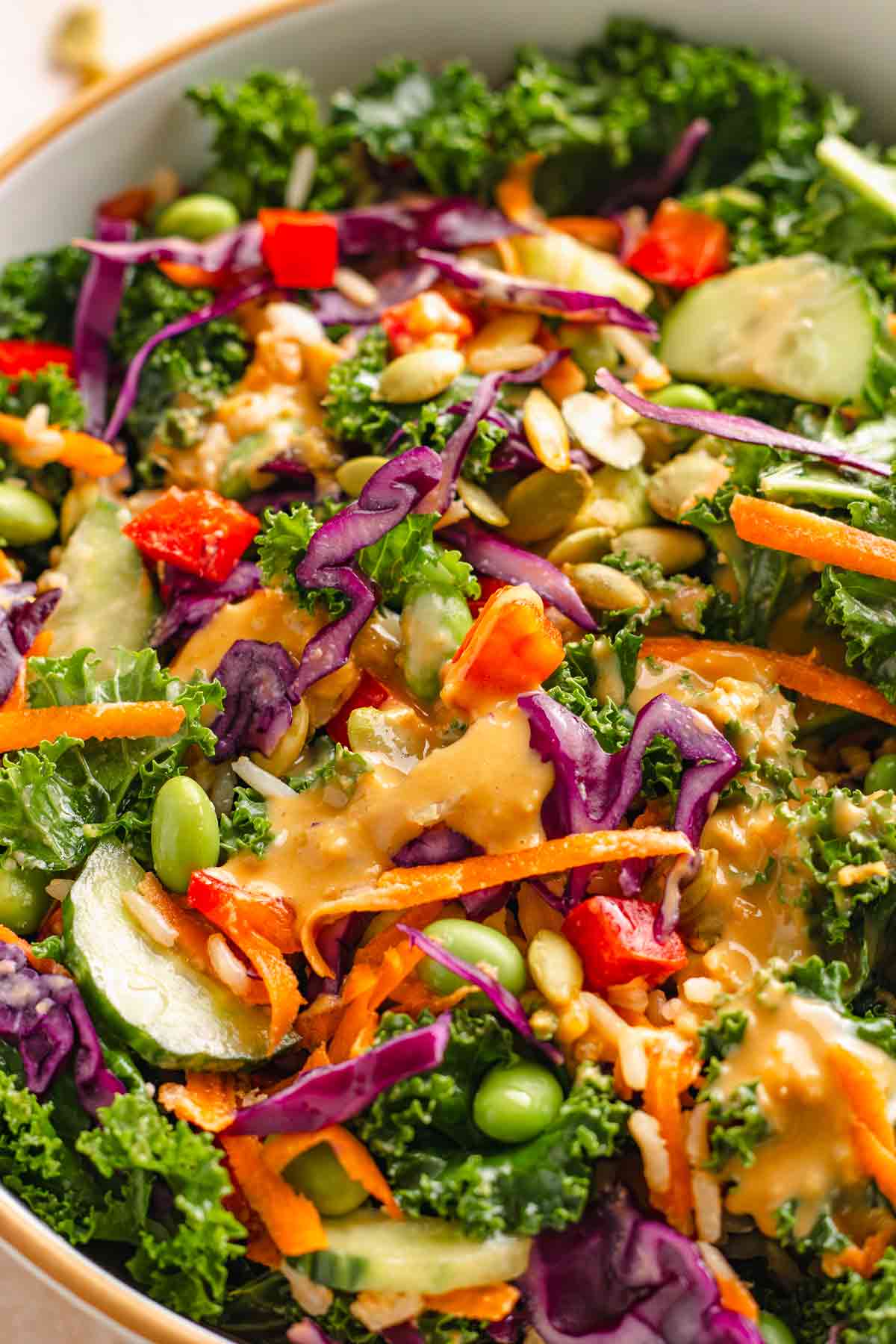 Close-up of vegan kale salad with cabbage, cucumber, and miso dressing