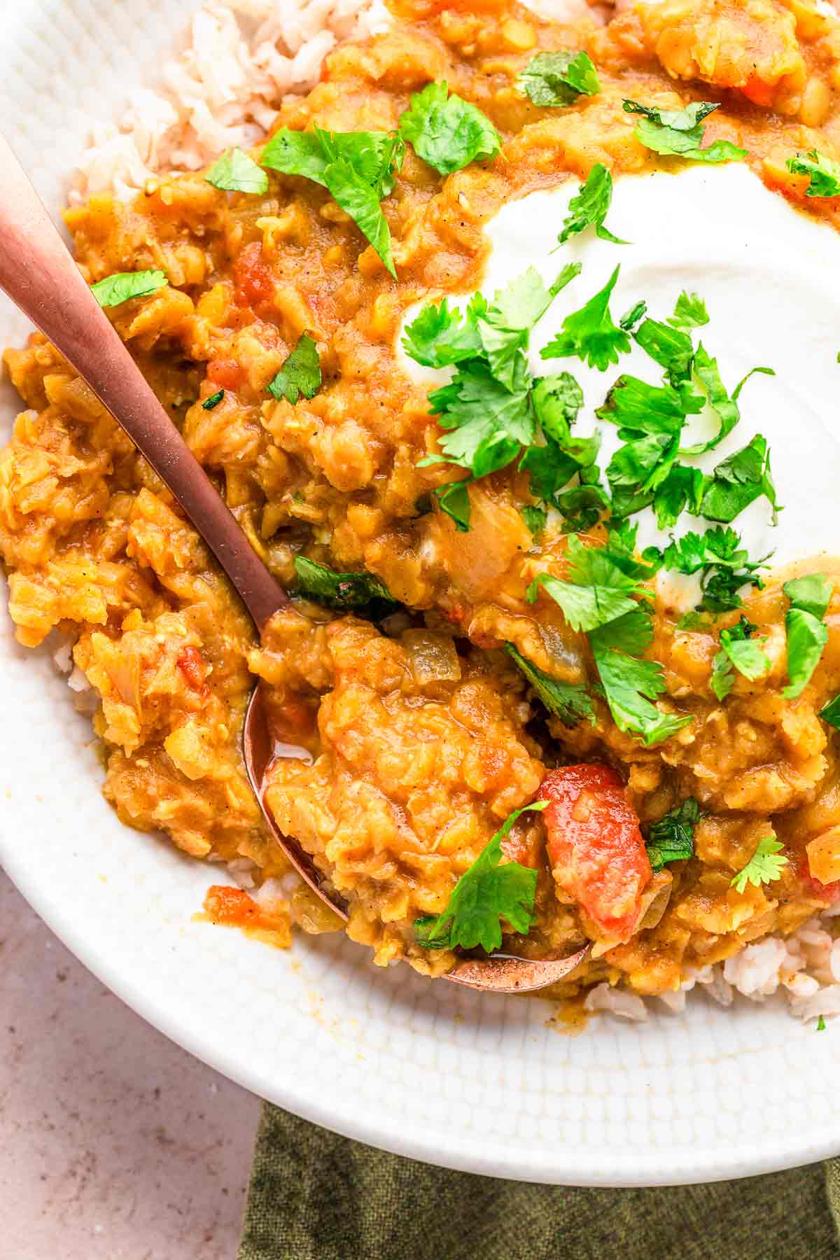 Creamy lentil dhal with yogurt, cilantro, and rice in a white bow