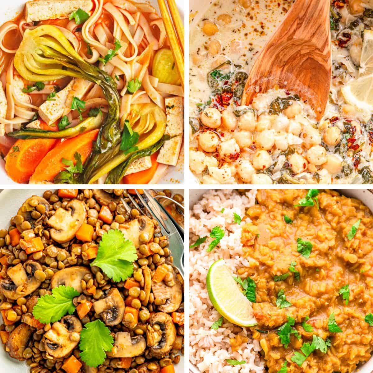 Collage of four one-pot vegan meals including noodle soup, chickpea stew, lentils with mushrooms, and red lentil dahl.