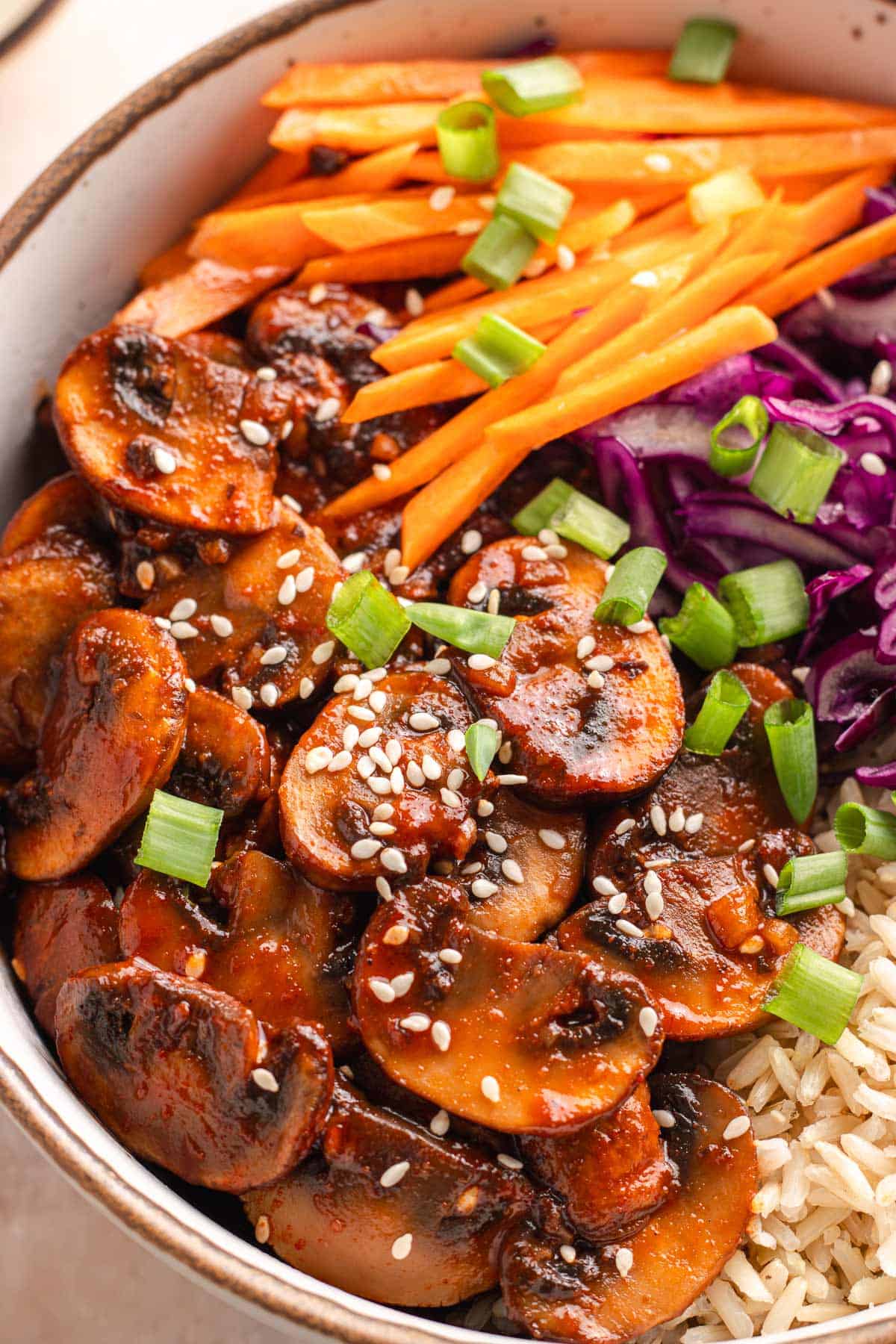 Vegan spicy sauteed mushrooms served over rice with cabbage, carrots, and green onions.