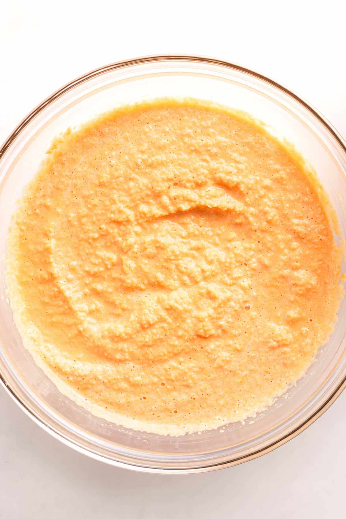 Smooth lentil batter blended with plant-based milk and seasonings
