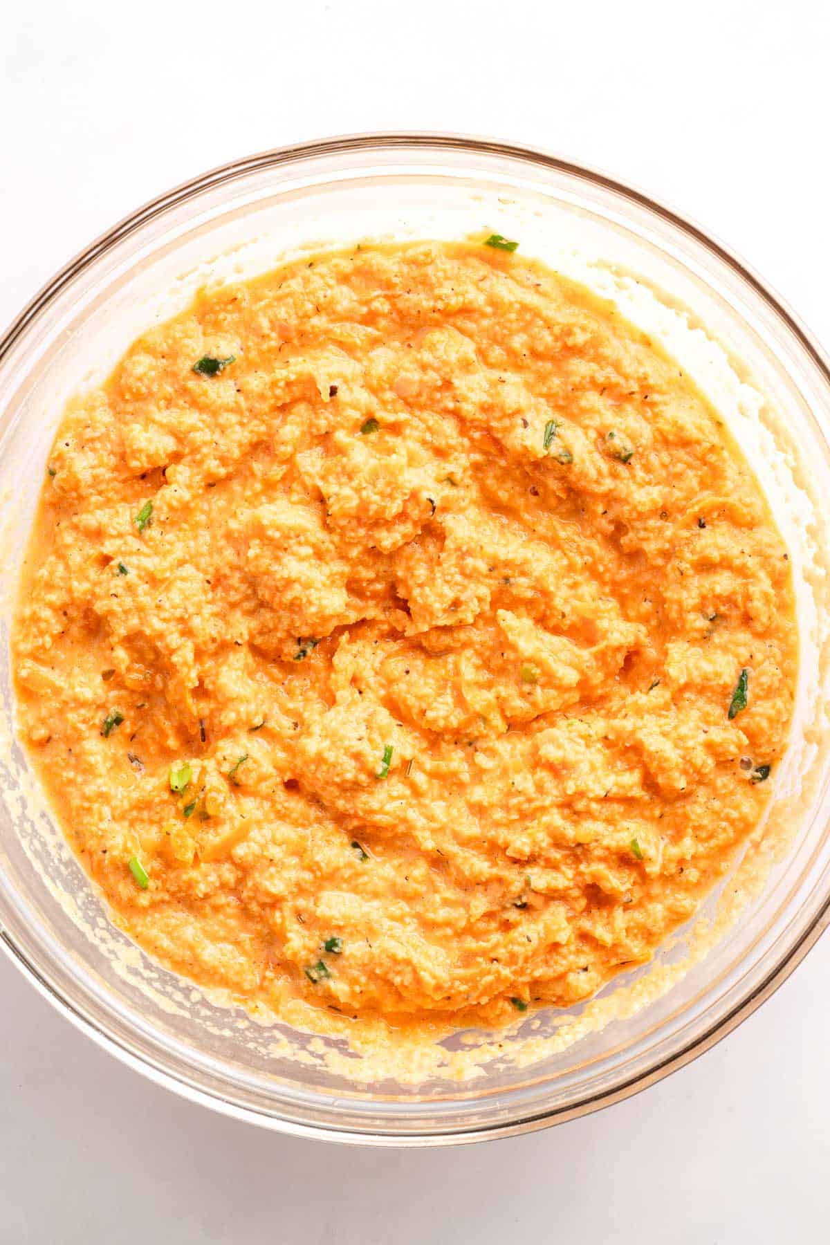 Lentil and sweet potato fritter batter mixed until thick and creamy