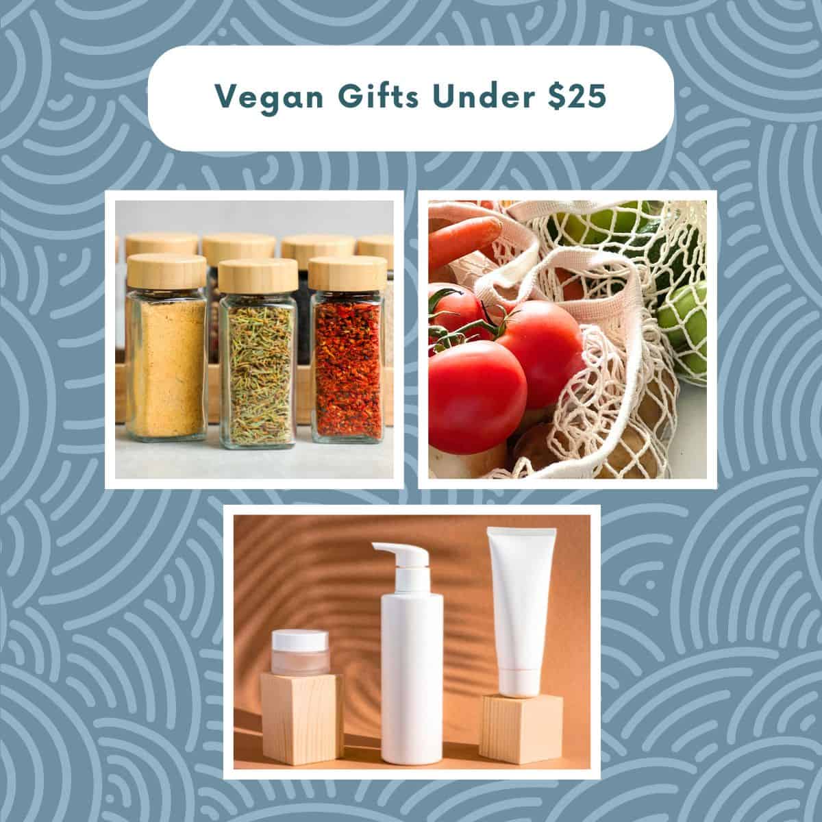 Collage of vegan gift ideas under $25 featuring spices, reusable produce bags, and skincare products.