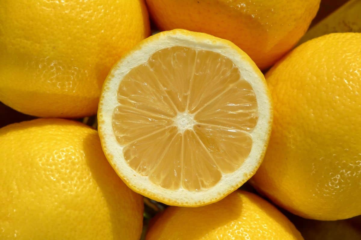 Fresh yellow lemons with one lemon cut in half.