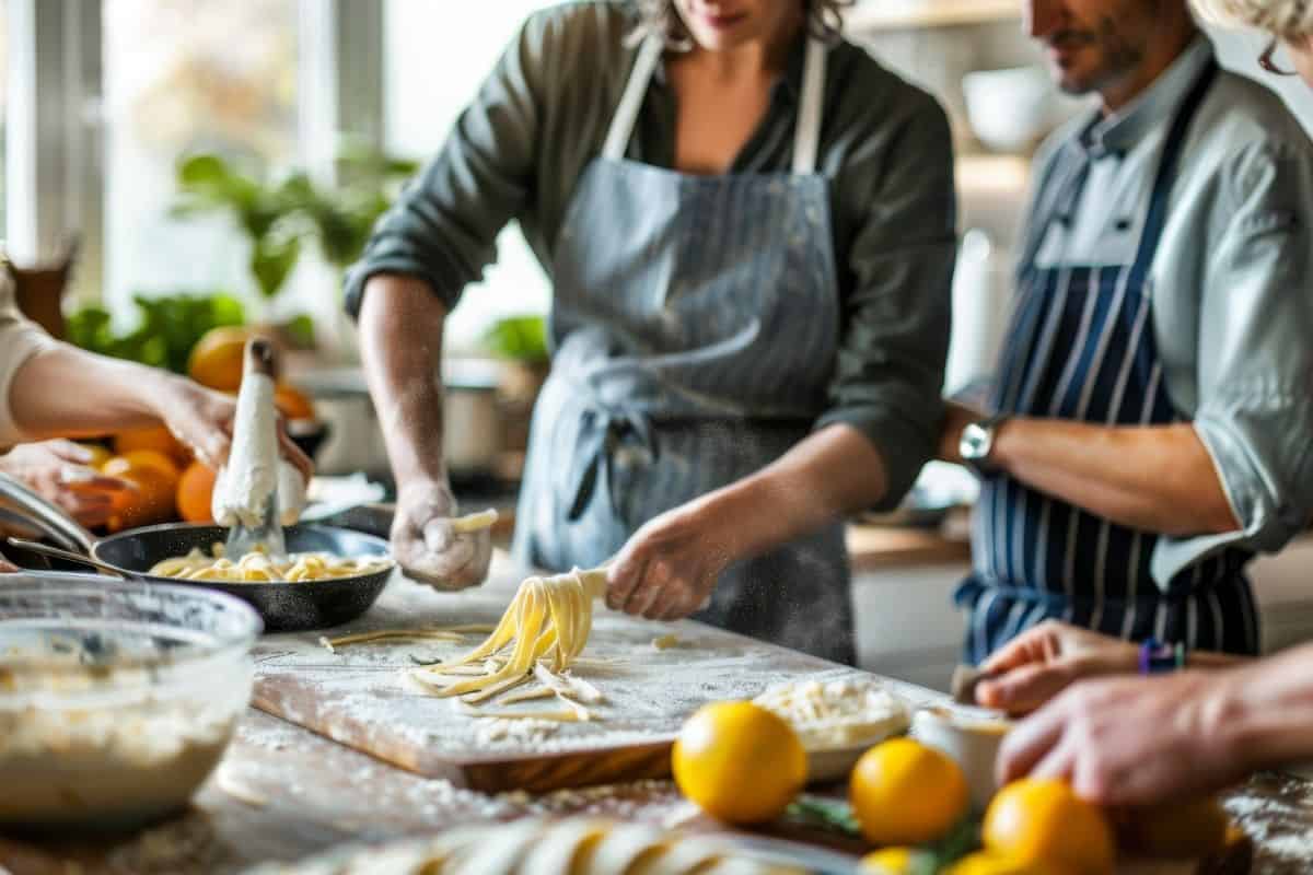 Group of people preparing fresh pasta together in a kitchen.