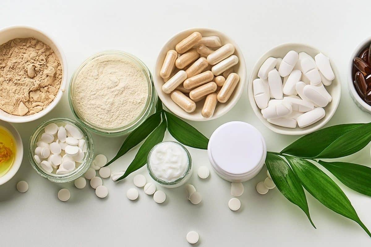 Various dietary supplements, powders, capsules, and tablets arranged with green leaves.